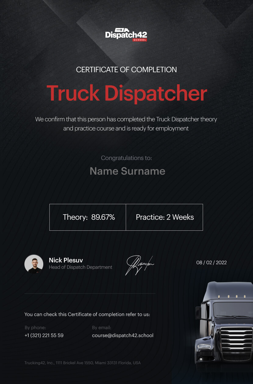 Truck dispatcher's certificate